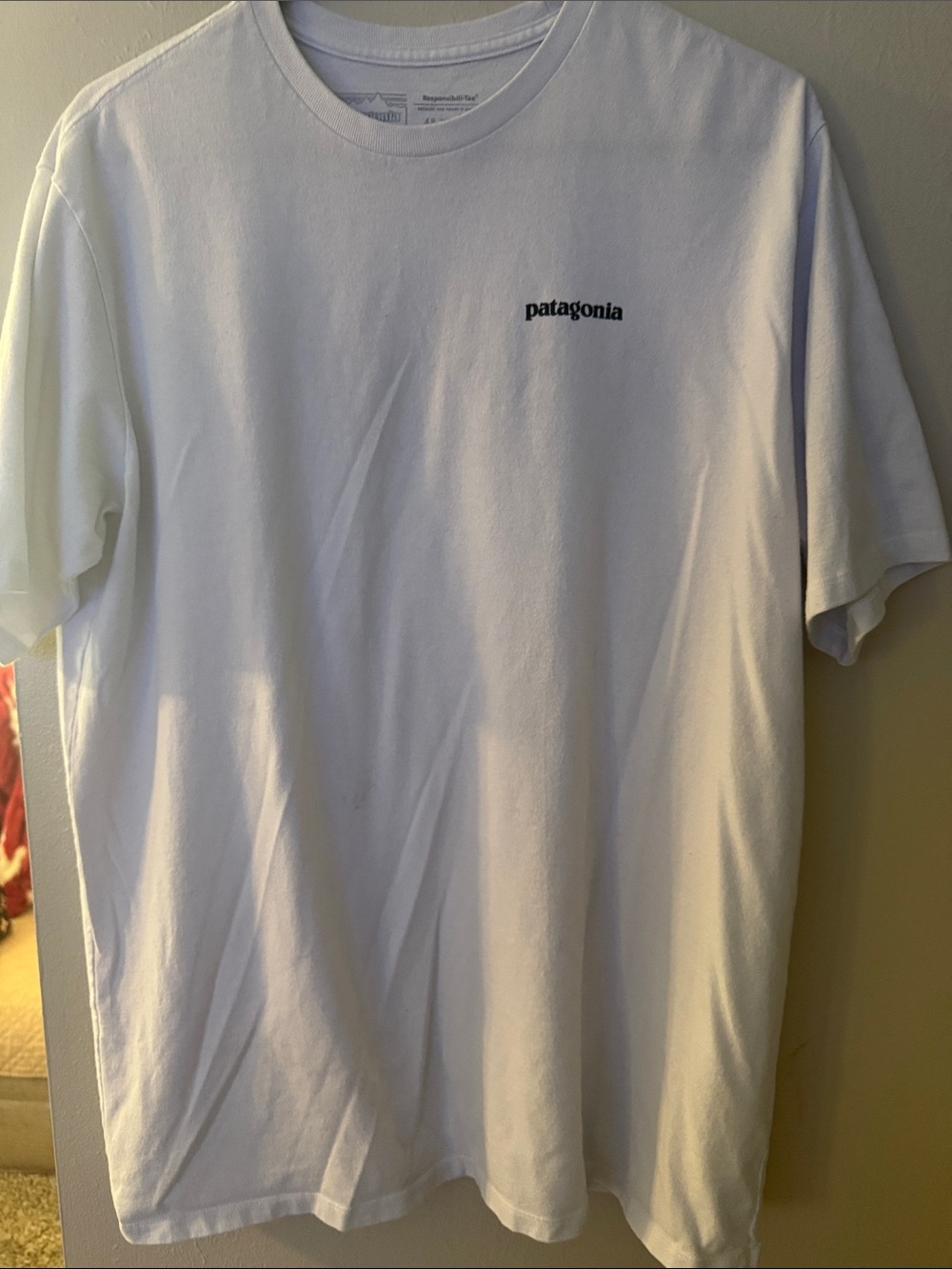 Patagonia White Crew Neck T-Shirt with Small Black Logo large